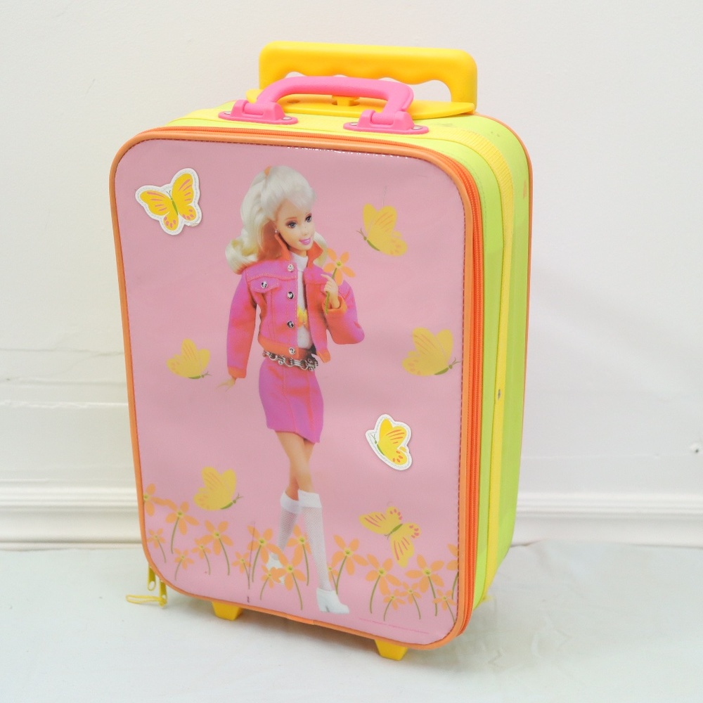 Vintage 90s Barbie Kids Pink Butterfly Rolling Suitcase / Travel Bag